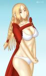  1girl bikini blonde_hair braid final_fantasy final_fantasy_tactics highres kaeveris looking_at_viewer ovelia_atkascha red_eyes simple_background solo swimsuit white_bikini 