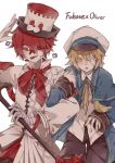  2boys :p akiyo_(lifetimes) bandage_over_one_eye bandaged_arm bandages bird blonde_hair blue_capelet blue_jacket bow cane capelet collared_shirt earpiece fukase hat holding holding_cane jacket james_(vocaloid) locked_arms male_focus multiple_boys oliver_(vocaloid) parted_lips peaked_cap red_eyes red_hair red_skirt shirt short_hair shorts skirt smile tongue tongue_out top_hat vocaloid yellow_eyes 
