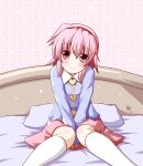  1girl bangs bed between_legs blouse blue_shirt blush closed_mouth feet_out_of_frame hairband hand_between_legs kneehighs komeiji_satori long_sleeves looking_at_viewer ominaeshi_(takenoko) on_bed pillow pink_eyes pink_hair pink_skirt red_hairband shirt short_hair sidelocks sitting skirt smile socks solo touhou wavy_hair white_socks 