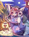  anthro asian_clothing bonfire canid canine clothed_breasts clothing east_asian_clothing eyes_closed female fox hi_res inutsukihasukii japanese_clothing kimono lamp lantern looking_at_viewer mammal moon reflection solo syuriusuhusky water 