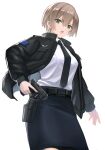  1girl black_jacket black_necktie blue_skirt brown_hair glock green_eyes gun hair_ornament handgun highres holding holding_gun holding_weapon holster jacket necktie open_clothes open_jacket open_mouth original pencil_skirt shiroyama_soh shirt short_hair skirt solo thigh_holster weapon white_background white_shirt 