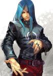  1boy bangs belt black_jacket blue_eyes blue_hair closed_mouth hair_over_one_eye hungry_clicker jacket jewelry long_hair long_sleeves looking_to_the_side male_focus pants red_pants remy_(street_fighter) ring sidelocks solo street_fighter street_fighter_iii_(series) zipper 