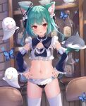  1girl absurdres animal_ear_fluff animal_ears aqua_hair aqua_nails bangs bottle bug butterfly cat_ears detached_sleeves fandead_(uruha_rushia) ghost hair_ornament hands_on_hips highres hololive hololive_fantasy looking_at_viewer maid medium_hair navel nekopurin_(nyanko_prin) open_mouth red_eyes shark skull_hair_ornament solo thighhighs uruha_rushia virtual_youtuber white_thighhighs 