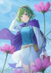  1girl arm_behind_head arm_up belt belt_pouch blue_eyes blue_sky blurry book cape cloak depth_of_field dress e5nf8v fire_emblem fire_emblem:_the_blazing_blade green_hair hairband highres holding holding_book long_sleeves looking_at_viewer nino_(fire_emblem) pouch purple_cape purple_hairband short_hair sky smile solo vest white_dress 