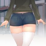  1girl arrow_(symbol) ass ass_focus blue_shorts breasts from_behind girls_und_panzer highres kay_(girls_und_panzer) large_breasts military military_uniform nakamura_yukitoshi outdoors saunders_military_uniform short_shorts shorts solo thighhighs thighs uniform white_thighhighs 