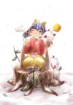  1girl blue_hair blush bodysuit boots bow commentary crossed_ankles crossed_legs eiko_carol final_fantasy final_fantasy_ix full_body green_eyes hair_bow holding horns komugiko_no_mori long_scarf long_sleeves looking_at_another mog moogle one_eye_closed outdoors pink_bodysuit puffy_long_sleeves puffy_sleeves red_shirt scarf shirt short_hair simple_background single_horn sitting sitting_on_tree_stump smile snow solo steam symbol-only_commentary tree_stump twitter_username white_background white_scarf winter yellow_bow yellow_overalls 