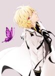  1boy ahoge bangs blonde_hair bug butterfly buttons collared_shirt commentary_request grey_background highres hyakuya_mikaela long_sleeves male_focus owari_no_seraph parted_lips purple_butterfly red_eyes shirt short_hair solo tsukimori_usako upper_body 