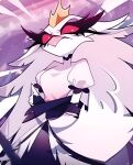  anthro avian bird clothing crossed_arms crown darknight37 detailed_background dress eyelashes female frown fur hair headgear helluva_boss hi_res long_eyelashes long_hair looking_at_viewer owl owl_demon pink_eyes solo standing stella_(helluva_boss) white_body white_fur white_hair 