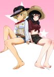  2girls barefoot belle_(girls_und_panzer) black_hair black_skirt blonde_hair blue_shorts blush breasts closed_mouth cowboy_hat feet girls_und_panzer green_eyes grey_eyes hat jane_(girls_und_panzer) long_hair medium_breasts midriff miniskirt multiple_girls navel sheriff_badge short_hair short_shorts shorts skirt straw_hat yu_sakurai06 