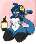  &lt;3 anthro blue_body blue_hair blush bodily_fluids bottle breasts container drizzile drunk female generation_8_pokemon genitals hair hi_res lewdchuu_(artist) navel nintendo nude pokemon pokemon_(species) pussy reptile scalie solo substance_intoxication sweat sweatdrop 