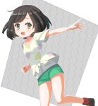  1girl :d absurdres bangs black_hair boots clenched_hand collarbone eyelashes floral_print green_shorts grey_eyes highres leg_up looking_at_viewer open_mouth outline outstretched_arm peppedayo_ne pokemon pokemon_(game) pokemon_sm selene_(pokemon) shirt short_hair short_shorts short_sleeves shorts smile solo t-shirt tied_shirt tongue undershirt 