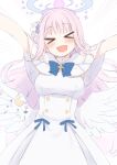  &gt;_&lt; 1girl angel_wings armpit_peek bangs blue_archive blue_bow blue_bowtie blush bow bowtie breasts buttons capelet cowboy_shot dress emphasis_lines flower hair_bun hair_flower hair_ornament hair_ribbon halo head_tilt highres large_breasts long_hair low_wings mika_(blue_archive) nagami_yuu open_mouth outstretched_arms pink_hair purple_flower raised_eyebrows ribbon simple_background single_side_bun sleeveless sleeveless_dress smile solo very_long_hair white_background white_capelet white_dress white_ribbon wing_ornament wings 