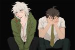  2boys ahoge bangs black_background black_pants blood boleum_(dgrpluna) breast_pocket bruise collarbone danganronpa_(series) danganronpa_2:_goodbye_despair feet_out_of_frame green_jacket green_necktie grey_hair hair_between_eyes hinata_hajime injury jacket komaeda_nagito legs_apart male_focus medium_hair multiple_boys necktie nosebleed open_clothes open_jacket pants pocket print_shirt shirt short_hair simple_background sitting white_shirt 