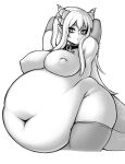  animal_humanoid areola belly big_belly big_breasts big_butt big_tail breasts butt cakecatboy collar dragon dragon_humanoid female freya_(cowszers) hands_behind_head hi_res horn horned_humanoid huge_breasts huge_butt huge_tail huge_thighs humanoid humanoid_pointy_ears monochrome navel nipples signature simple_background solo standing tail thick_thighs 