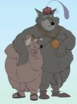 anthro badger balls belly big_belly canid canine canis clothing disney duo embrace facial_hair flaccid footwear foreskin friar_haircut friar_tuck genitals hand_holding hat headgear headwear hi_res humanoid_genitalia humanoid_penis kinkycoyote male male/male mammal mature_male medal mustelid musteline nude overweight penis robin_hood_(disney) sandals sheriff_of_nottingham shoes sideburns smile vein veiny_penis wolf 