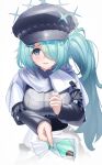  1girl absurdres aqua_hair blue_archive blue_eyes breasts cabbie_hat chocolate fingernails gogogoiru hair_over_one_eye hat highres hiyori_(blue_archive) large_breasts long_hair scarf side_ponytail white_background 