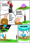  anthro comic dialogue faceless_character faceless_male falling female fur generation_8_pokemon grass hi_res humanoid male male/female nintendo noconcession outside plant pokemon pokemon_(species) puddle raboot red_body red_fur slipping speech_bubble splash stone_floor trainer unconscious water 