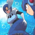  1boy 1girl air_bubble artist_name blue_hair breasts bubble butter_sugoi frown gloves hand_on_own_ass helmet highres large_breasts mega_man_(character) mega_man_(classic) mega_man_(series) mega_man_9 mermaid monster_girl photo_background red_hair splash_woman underwater white_gloves 