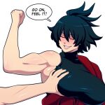  1girl 1other black_hair breast_grab breasts butter_sugoi closed_eyes english_text flexing grabbing grin halterneck highres huge_breasts lips muscular muscular_female original smile solo_focus upper_body 