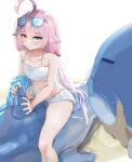  1girl absurdres ahoge beach bikini blue_archive blue_eyes eyewear_on_head hair_bobbles hair_ornament heterochromia highres hoshino_(blue_archive) hoshino_(swimsuit)_(blue_archive) inflatable_toy inflatable_whale low_twintails pink_hair self-upload sitting sitting_on_object sstthei sunglasses swimsuit twintails white_bikini yellow_eyes 