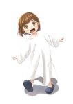  1girl :o absurdres blush brown_eyes brown_hair buddy_daddies child grey_footwear hair_ornament hairclip happy highres kanamus looking_at_viewer oversized_clothes oversized_shirt shirt short_hair simple_background slippers solo unasaka_miri white_background white_shirt 