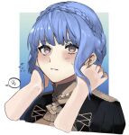  1girl 1other bangs blue_hair braid brown_eyes closed_mouth crown_braid fire_emblem fire_emblem:_three_houses flying_sweatdrops hands_in_hair heart light_blue_hair marianne_von_edmund seinikuten short_hair solo_focus speech_bubble split_mouth spoken_heart turtleneck uniform upper_body 