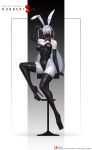  1girl bodystocking bodysuit boots elbow_gloves gloves high_heel_boots high_heels highres latex latex_bodysuit long_hair original playboy_bunny sade_abyss sitting skin_tight solo stool thigh_boots white_hair 