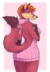  2018 anthro biped border breasts canid canine clothed clothing digital_media_(artwork) eyebrows eyelashes female fox green_eyes hair hi_res looking_at_viewer looking_back looking_back_at_viewer mammal meme meme_clothing orange_hair pink_background portrait rear_view shaded simple_background solo standing sweater tail three-quarter_portrait topwear virgin_killer_sweater white_border zyira 
