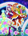  2girls amamiya_elena blonde_hair blue_eyes boots braid christmas dark-skinned_female dark_skin dress elbow_gloves full_body gift gloves gradient_dress hat highres holding holding_gift kaguya_madoka long_hair mittens multiple_girls no_bangs official_art open_mouth precure precure_connection_puzzlun purple_eyes purple_hair santa_hat side_braids skirt_under_dress smile snow_globe star_twinkle_precure thighhighs third-party_source white_gloves white_thighhighs 