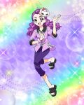  1girl bangs_pinned_back black_footwear bracelet collared_shirt full_body highres jewelry long_hair milk_(yes!_precure_5) mimino_kurumi noh_mask official_art open_mouth pants precure precure_connection_puzzlun purple_hair purple_pants red_eyes sandals shirt smile solo thick_eyebrows third-party_source yes!_precure_5 