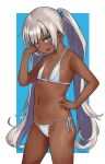  1girl absurdres bare_arms bare_legs bare_shoulders bikini blue_eyes blush commentary_request dark-skinned_female dark_skin fang flat_chest grey_hair groin hai_ookami hair_bobbles hair_ornament hand_on_hip highres long_hair looking_at_viewer navel open_mouth original petite side-tie_bikini_bottom simple_background smile solo stomach string_bikini swimsuit twintails very_long_hair white_bikini 