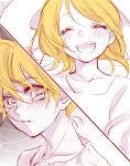  1boy 1girl ^_^ blonde_hair blush closed_eyes collarbone dress grey_background hat highres kagamine_len kagamine_rin looking_to_the_side mimi_mine monochrome open_mouth shirt short_sleeves shuujin/kami_hikouki_(vocaloid) sideways_glance sketch smile spot_color sun_hat sundress tearing_up torn_clothes torn_shirt vocaloid 