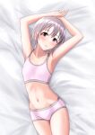  armpits black_eyes black_hair blue_eyes breasts commentary commission cyde highres idolmaster idolmaster_cinderella_girls looking_at_viewer lying navel on_bed open_mouth otokura_yuuki panties short_hair skeb_commission small_breasts solo sports_bra underwear 