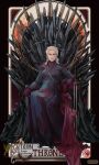  1girl a_song_of_ice_and_fire artist_name black_robe blonde_hair closed_mouth commentary daenerys_targaryen english_commentary english_text game_of_thrones gloves highres iron_throne long_hair looking_at_viewer purple_eyes red_gloves robe selsnt1 sitting solo sword throne weapon 