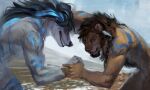  2019 5_fingers absurd_res anthro anthro_on_anthro arm_markings athletic athletic_anthro athletic_female athletic_male back_markings badger black_hair black_nose blue_highlights blue_markings body_hair bodypaint breasts brown_body brown_fur brown_hair bryana_o_hanluain chest_hair duo ear_piercing european_badger eye_contact feather_earring felid female fight fingers fur grappling grey_body grey_fur grin hair hi_res highlights_(coloring) humanoid_hands jazlion leg_markings lion looking_at_another male male/female mammal markings meles multicolored_body multicolored_fur mustelid musteline nude outside pantherine piercing shoulder_markings sixfoot smile teeth thigh_markings tundra two_tone_body two_tone_fur war_paint white_body white_fur wrestling 