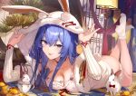 1girl 7gao alternate_costume animal_ears animal_hood architecture azur_lane blue_eyes bow bowtie breasts cleavage cup dress east_asian_architecture fur_trim hair_between_eyes highres hood long_hair long_sleeves looking_at_viewer medium_breasts new_jersey_(azur_lane) rabbit rabbit_ears red_bow red_bowtie socks teacup tongue tongue_out white_dress white_hood white_socks 