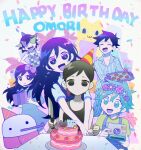  :d ^_^ aubrey_(omori) bangs basil_(omori) birthday birthday_cake black_eyes black_hair black_shirt black_tank_top blue_dress blue_overalls blue_pajamas blue_shirt bow box bright_pupils buttons cake camera cat character_name character_request closed_eyes collarbone collared_shirt commentary_request confetti cookie covered_eyes dress flower flower_wreath food fruit g_tsurius gift gift_box green_eyes green_hair hair_between_eyes hair_bow hand_up hands_up happy happy_birthday hat head_wreath heart hero_(omori) highres holding holding_camera holding_gift holding_knife holding_tray hug hug_from_behind kel_(omori) kitchen_knife knife leaf long_hair looking_at_another looking_at_viewer mari_(omori) multicolored_shirt omori omori_(omori) open_clothes oven_mitts overalls pajamas party_hat party_horn pink_flower plant potted_plant purple_bow purple_eyes purple_flower shirt short_hair short_sleeves sleeveless sleeveless_shirt smile star_(symbol) strawberry striped striped_pajamas table tank_top tray white_pupils wing_collar 