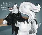  anthro anus ball_tuft balls butt canid canine canis cape clothed clothing death_(puss_in_boots) dialogue english_text genitals hi_res licking licking_lips looking_back male mammal partially_clothed raised_tail solo syndhart tail teeth text tongue tongue_out tuft wolf 