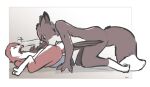  ambiguous_gender anthro avian beak bird bodily_fluids canid canine duo fox genital_fluids hi_res holding_leg looking_pleasured lying male mammal nude on_back open_mouth oral owl sex simple_background tuke 