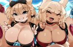  animal_humanoid balloon big_breasts blonde_hair blue_eyes breasts cat_humanoid cleavage clothed clothing duo felid felid_humanoid feline feline_humanoid female gesture hair huge_breasts humanoid inflatable mammal mammal_humanoid open_mouth smile suggestive v_sign white_hair yellow_eyes zanamaoria 