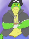  2023 alligator alligatorid anthro biped bottomwear brok_(character) brok_the_investigator clothed clothing crocodilian cute_fangs food green_body hi_res humanoid_hands lionbreed male open_clothing open_shirt open_topwear pants pirate_hat reptile scalie shirt slightly_chubby solo topwear 