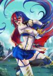  1girl alear_(female)_(fire_emblem) alear_(fire_emblem) armor bangs blue_eyes blue_hair braid breasts cape crossed_bangs crown_braid fire_emblem fire_emblem_engage gloves heterochromia highres holding holding_sword holding_weapon liberation_(fire_emblem) long_hair looking_at_viewer medium_breasts multicolored_hair open_mouth red_eyes red_hair ryuuneart solo split-color_hair sword thigh_strap thighhighs tiara two-tone_hair very_long_hair weapon 