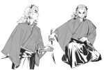  1boy colored_tips forked_eyebrows greyscale hakama highres holding holding_sword holding_weapon japanese_clothes katana kimetsu_no_yaiba long_sleeves looking_away male_focus medium_hair monochrome multicolored_hair multiple_views one_knee otayumaru parted_lips ponytail profile rengoku_kyoujurou sidelocks simple_background streaked_hair sword unsheathed weapon wide_sleeves 