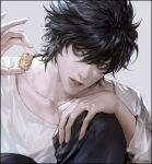  1boy black_eyes black_hair commentary_request death_note grey_background hair_between_eyes hand_on_own_knee highres holding korean_commentary l_(death_note) lips long_sleeves looking_at_object male_focus parted_lips realistic shirt short_hair signature solo spiked_hair vlfdus_0 white_shirt 
