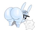  all_fours ambiguous_gender angry anthro big_butt bodily_fluids butt capsut clothing cum digital_media_(artwork) english_text fur genital_fluids hat headgear headwear hi_res lagomorph leporid long_ears looking_at_viewer looking_back mammal on_ground profanity rabbit rear_view simple_background solo speech_bubble text thick_thighs white_background white_body white_eyes white_fur 