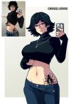  1girl artist_name black_hair breasts butter_sugoi cellphone clothes_lift clothes_pull cowboy_shot cross cross_necklace denim glasses groin highres hip_tattoo holding holding_phone hunter_x_hunter jeans jewelry large_breasts lips medium_hair midriff navel necklace pants pants_pull phone photo-referenced photo_inset purple_eyes reference_inset reference_photo shirt_lift shizuku_(hunter_x_hunter) smartphone smartphone_case solo spider_tattoo tattoo turtleneck 