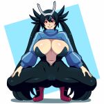  1girl black_bodysuit black_hair bodysuit breasts butter_sugoi crop_top full_body grin hair_between_eyes headgear huge_breasts lips long_hair navel original plunging_neckline red_eyes smile solo spread_legs squatting strapless twintails very_long_hair 