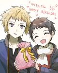  2boys :d absurdres black_shirt blonde_hair blue_jacket blush bow closed_eyes commentary_request facing_viewer grey_eyes happy_birthday highres holding jacket long_sleeves lucas_(pokemon) male_focus multiple_boys open_clothes open_jacket open_mouth parted_lips peppedayo_ne pokemon pokemon_(game) pokemon_dppt pokemon_platinum scarf shirt short_hair smile sparkle spiked_hair upper_body volkner_(pokemon) white_background white_scarf yellow_bow 