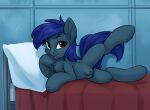  bed blue_body blue_fur blue_hair blue_tail brown_eyes chest_tuft digital_media_(artwork) earth_pony equid equine eyelashes fan_character female feral fur furniture genitals hair hasbro hi_res horse inner_ear_fluff kittytitikitty lying mammal my_little_pony nipples on_side pillow pony pose pussy smile solo tail teats tuft 