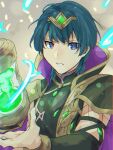  1boy bangs black_robe black_sleeves blue_eyes blue_hair byleth_(fire_emblem) byleth_(male)_(fire_emblem) byleth_(male)_(khadein)_(fire_emblem) commentary_request detached_sleeves fire_emblem fire_emblem:_three_houses fire_emblem_heroes floating floating_object high_collar highres hourglass jewelry looking_at_viewer magic male_focus official_alternate_costume robe sakura_no_yoru short_hair solo tiara 
